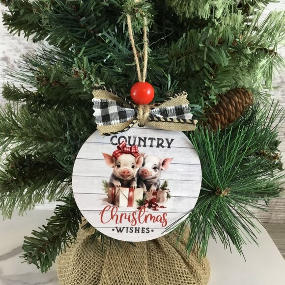 Pig Country Christmas Wishes Round Rustic Christmas Ornament - Picture 1 of 6
